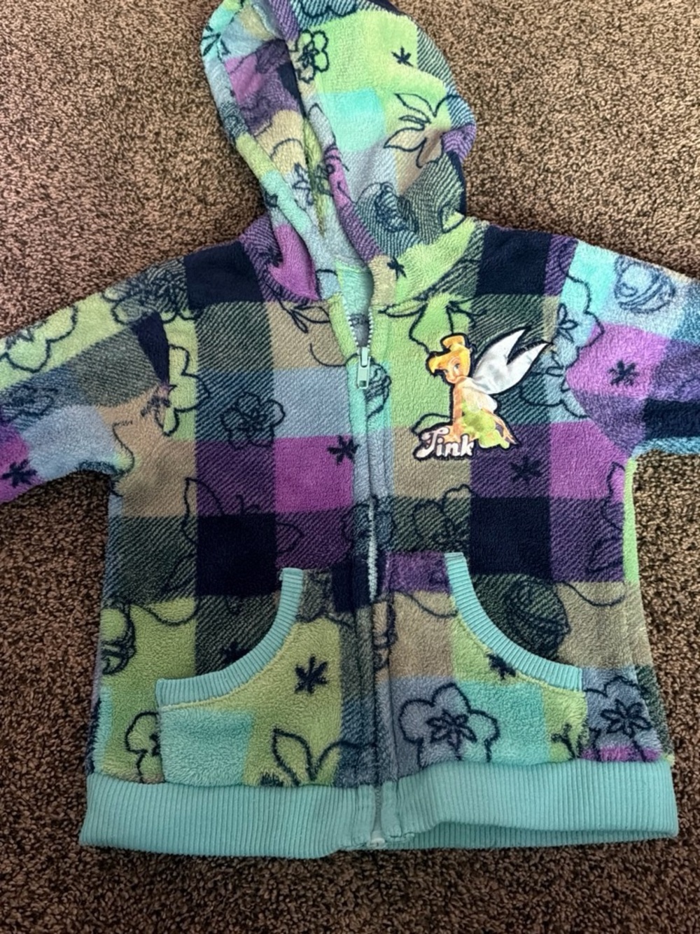 Disney Girls' Plaid Tinkerbell Hooded Fleece Jacket in Purple, Aqua & Lime